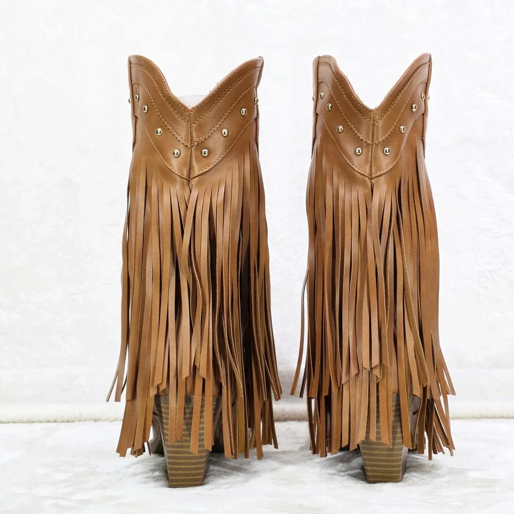 NIB Boundary Tan Faux Leather Layered Fringe Country Western Cowgirl Boots - Picture 6 of 8